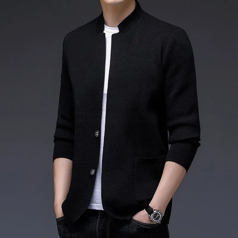 

Мужской трикотажный кардиган без глажки, приталенный, прямого кроя, с длинным рукавом, тонкий, однотонный, повседневный, деловой, верхняя одежда, свитшот