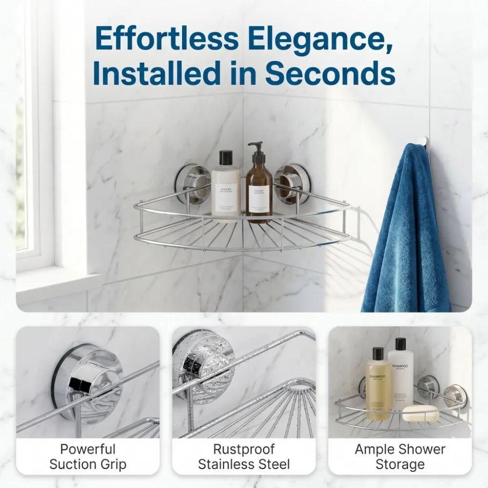 Stainless Steel Shower Shelf Silver Triangle Shape Storage Rack Wall Mounted Vacuum Suction Cup Shower Organizer Home Dorm