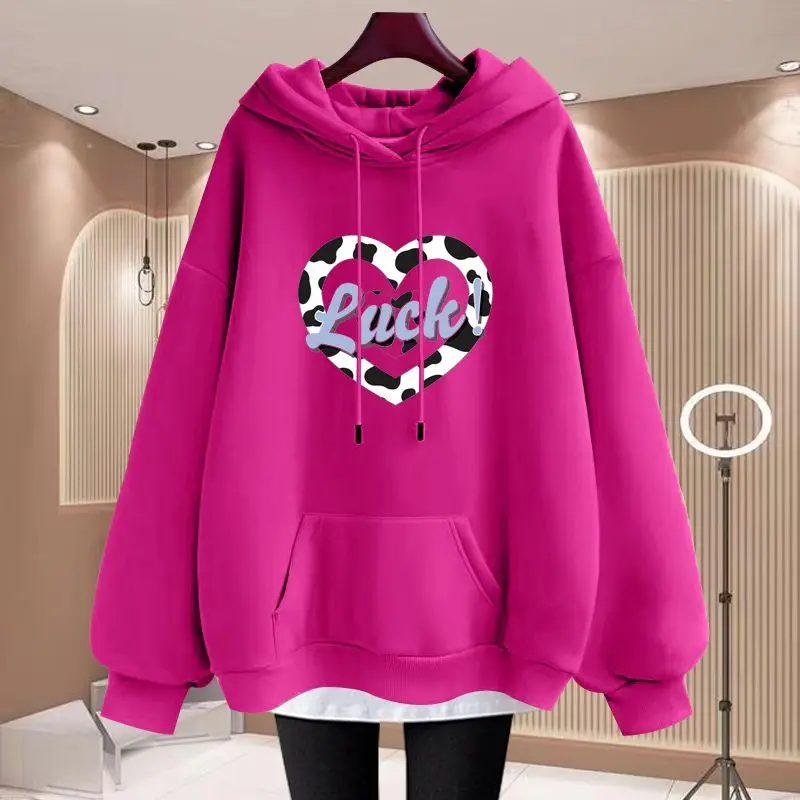 Hooded Sweatshirt Women in Autumn Winter Size 300 Pounds Loose and Lazy Style with Thick Velvet Fake Two Pieces Medium to Long