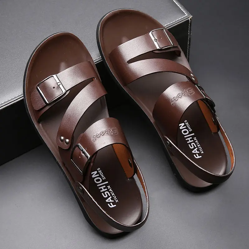 Fashion Men\'s Sandals Double Buckle Summer Men\'s Beach Shoes Outdoor Men\'s Leather Sandals Male Shoes Slippers Large Size 48