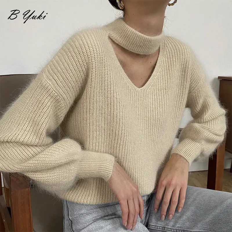 Blessyuki Soft Imitation Mink Down Knitted Sweaters Women Basic Loose V Neck Lazy Pullovers Ladies High Quality Warm Chic Jumper