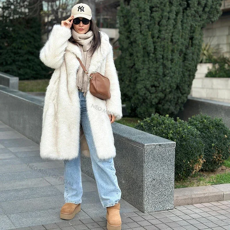 Neo Mint Slouchy Chic sfumato lungo eco cappotto di pelliccia sintetica donna inverno spesso caldo soffice giacca di pelliccia di volpe marca moda ragazze soprabito