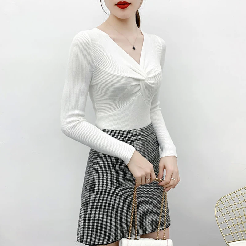 Women's Spring And Autumn 2023 New Fashion Knitwear Sweater Long Sleeve V-neck Top Women Slim Joker Bottom Shirt Women