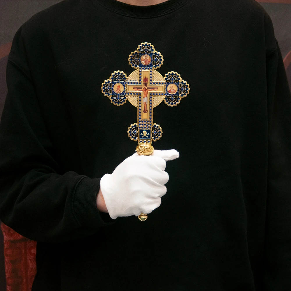 

HTISOK Orthodox Blessing Cross Jesus Crucifix Icon with Blue Gemstones Orthodox Church Handheld Cross for Family Church Prayer