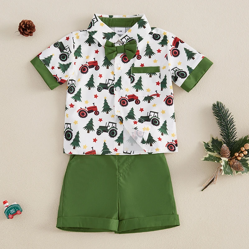 Toddler Boy Christmas Outfit, Tractor Tree Short Sleeve Button Down Shirt Solid Elastic Waist Shorts 2 Piece Set image 4