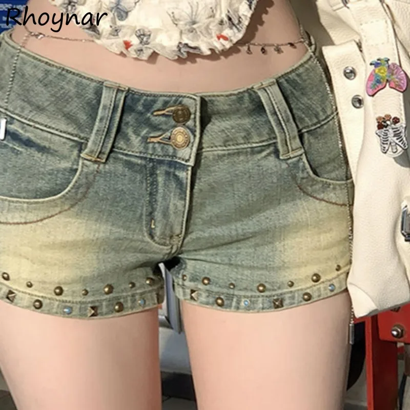 Denim Shorts Women American Retro Low Waist Hip-covering High Street Rivet Trendy Fashion Leisure Daily Sexy Girls Summer Chic