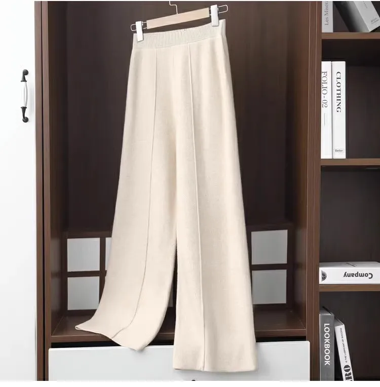 2024 Wide-Leg Pants Women's Mid-Stitching Modified Leg Shape Loose Slimming Knitted High Waist Pants Solid Color Trousers Women