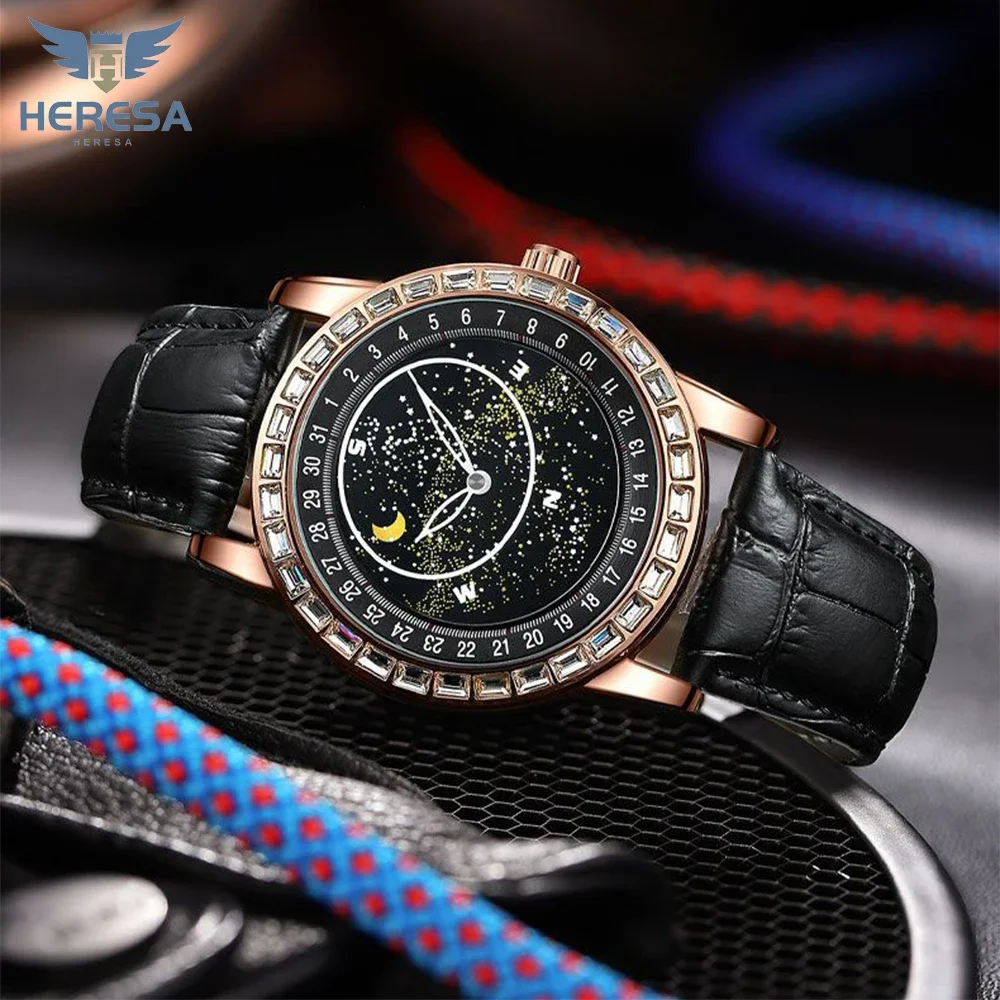Часы HERESA мужские водонепроницаемые, брендовые оригинальные модные наручные, с диском и движущимися звездами, автоматические, для отдыха