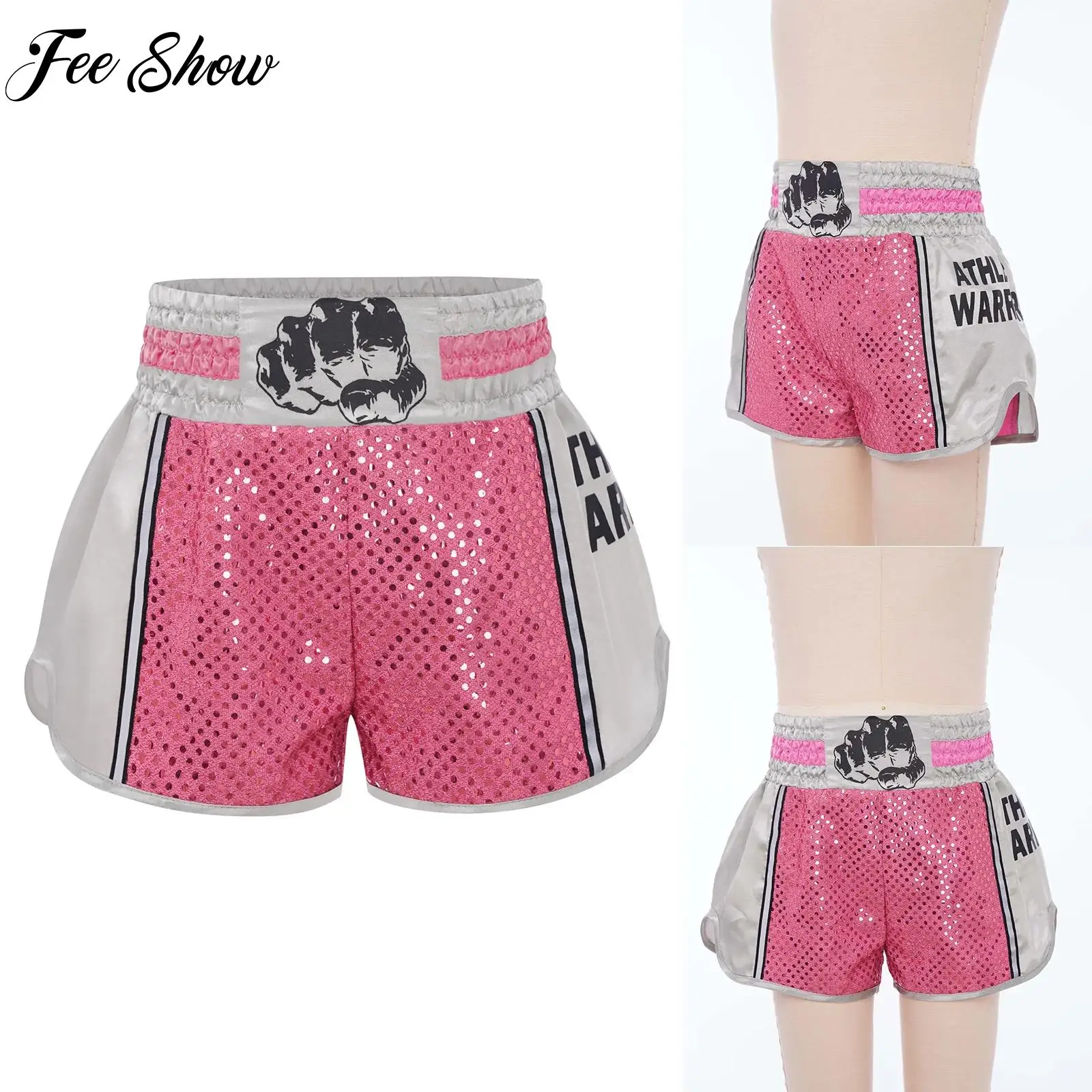Unisex Children Stretchy Muay Thai Shorts Kids Boxer Trunks Shiny Sequins Sides Slit Boxing MMA Shorts Fight Kickboxing Pants
