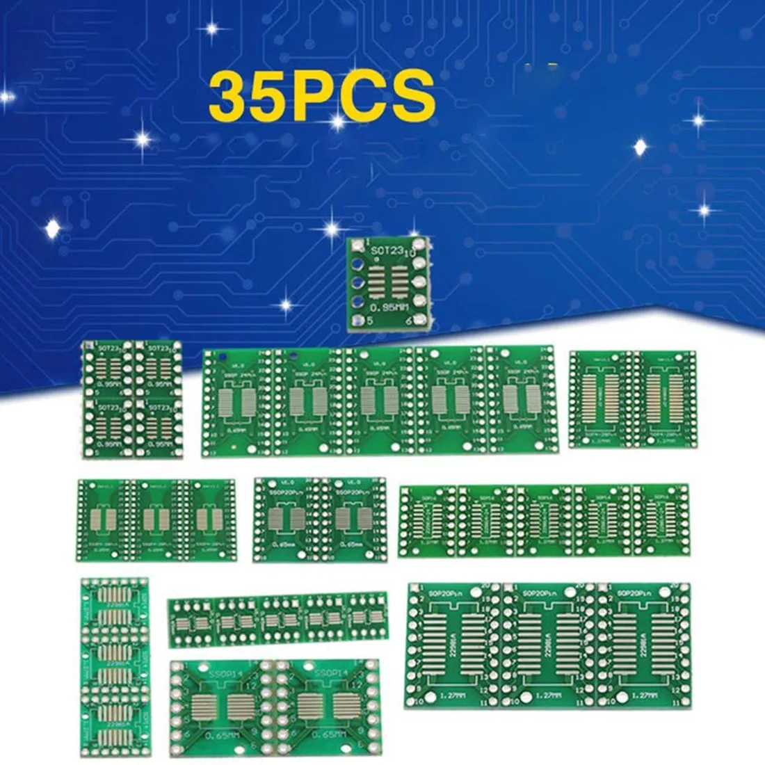 SMD انتقل إلى مجموعة ألواح PCB الغمس ، سوب ، سوب ، تسوب ، تسوب ، SOT23 ، 8 ، 10 ، 14 ، 16 ، 20 ، 24 ، 28 ، SMT to DIP ، 35 روض