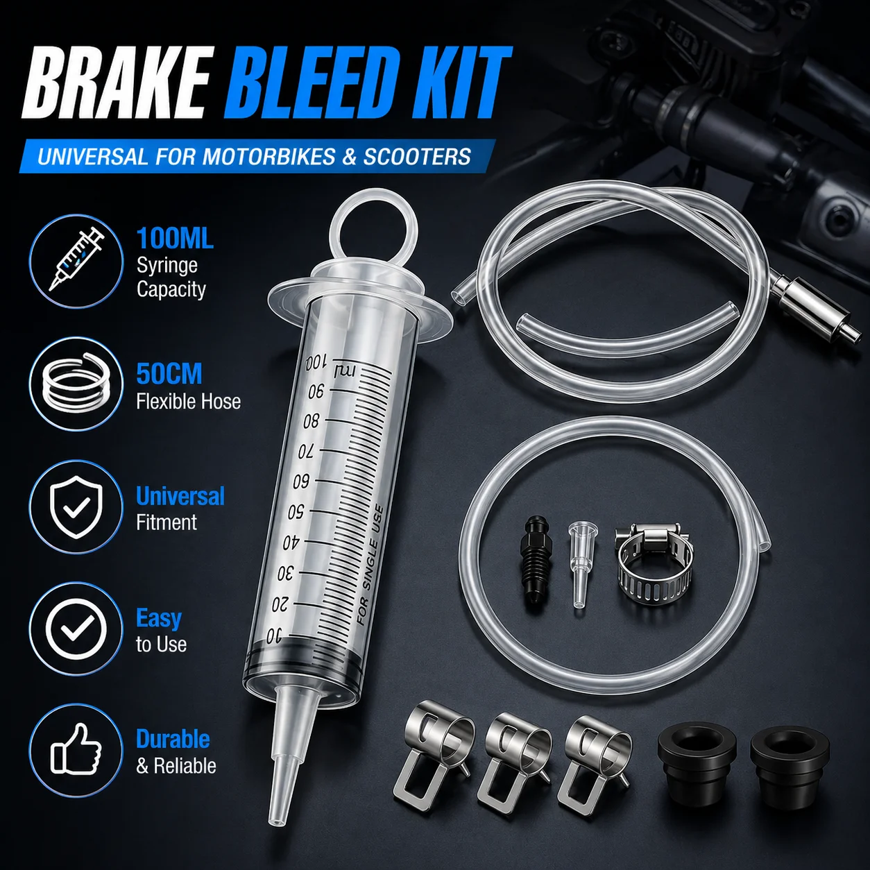 

100ML Motorcycle Hydraulic Brake Bleed Kit Syringe With 50cm Hose, Universal Bleeding Tool For Motorbikes & Scooters