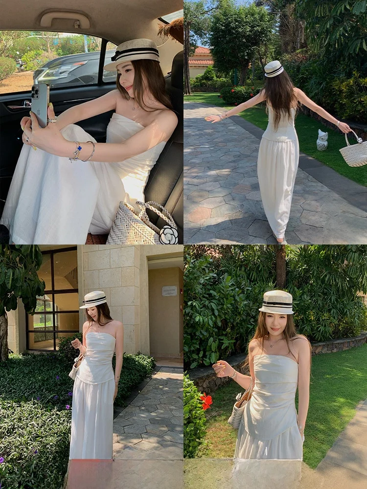 

Комплект Xzichic: топ-бюстье с плиссировкой и юбка макси, женский, летний, повседневный, комфортный, из ткани лиоцелл