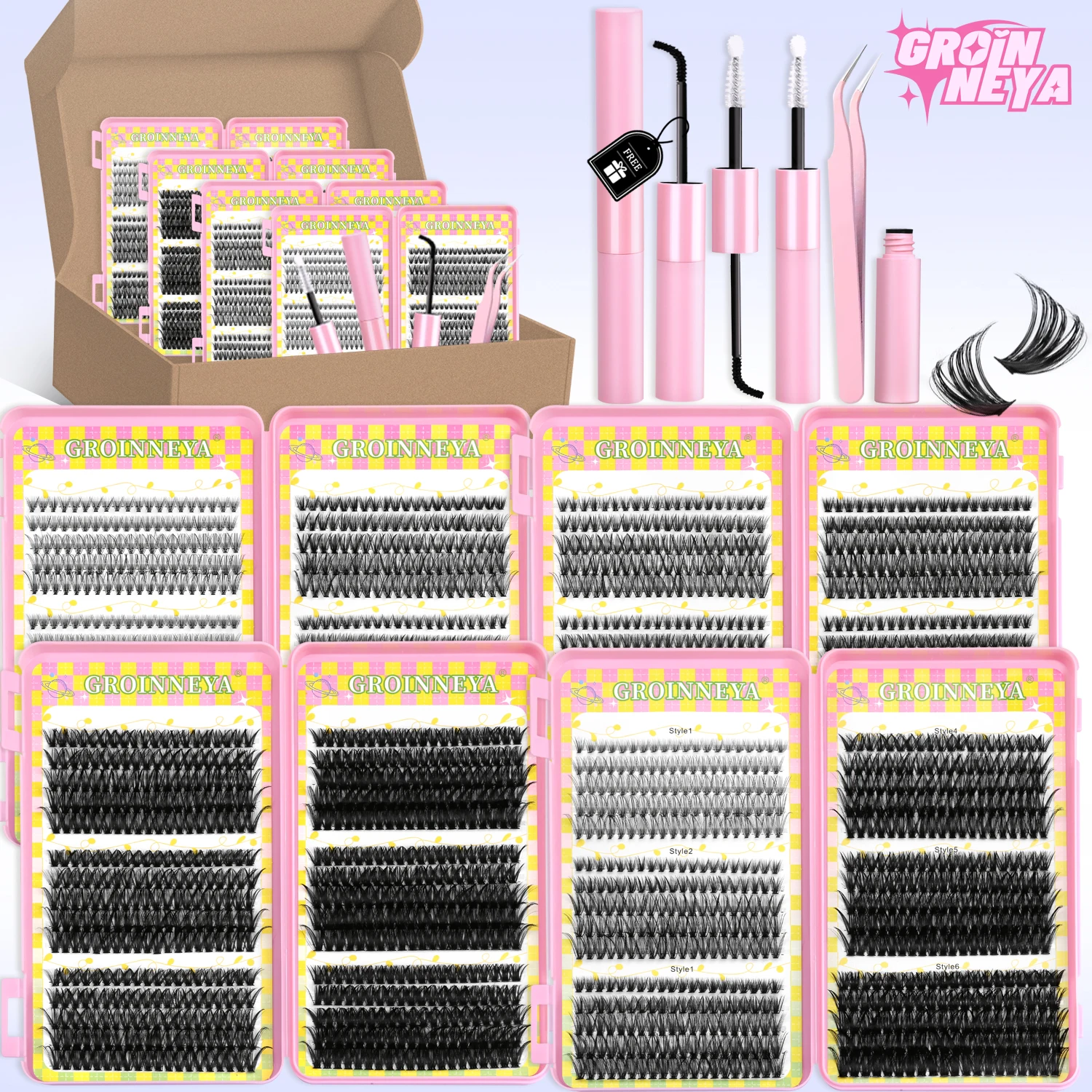 Zestaw do przedłużania rzęs GROINNEYA, rzęsy w kępkach, wodoodporne, mocne, do samodzielnego przedłużania, klej i utrwalacz do rzęs, pęseta do rzęs, makijaż
