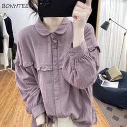 Lantern Long Sleeve Shirts Women Ruffles Peter Pan Collar Vintage Fashion Korean Style Leisure All-match Ladies Spring Cloth