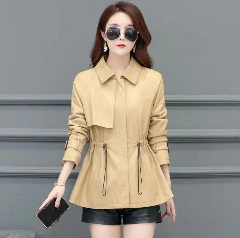 M-4XL New Women Sheepskin Trench Coat Spring Autumn Fashion Turn Down Collar Long-sleeve Drawstring Loose Leather Jacket Female