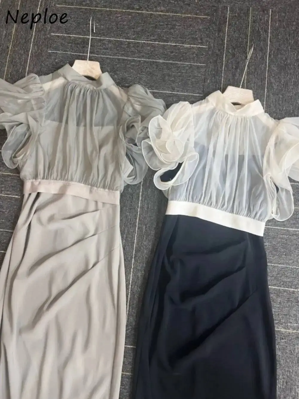 Elegante fino celebridade meia manga gola mujer chiffon fungo retalhos blusa japão estilingue sólido novo vestido