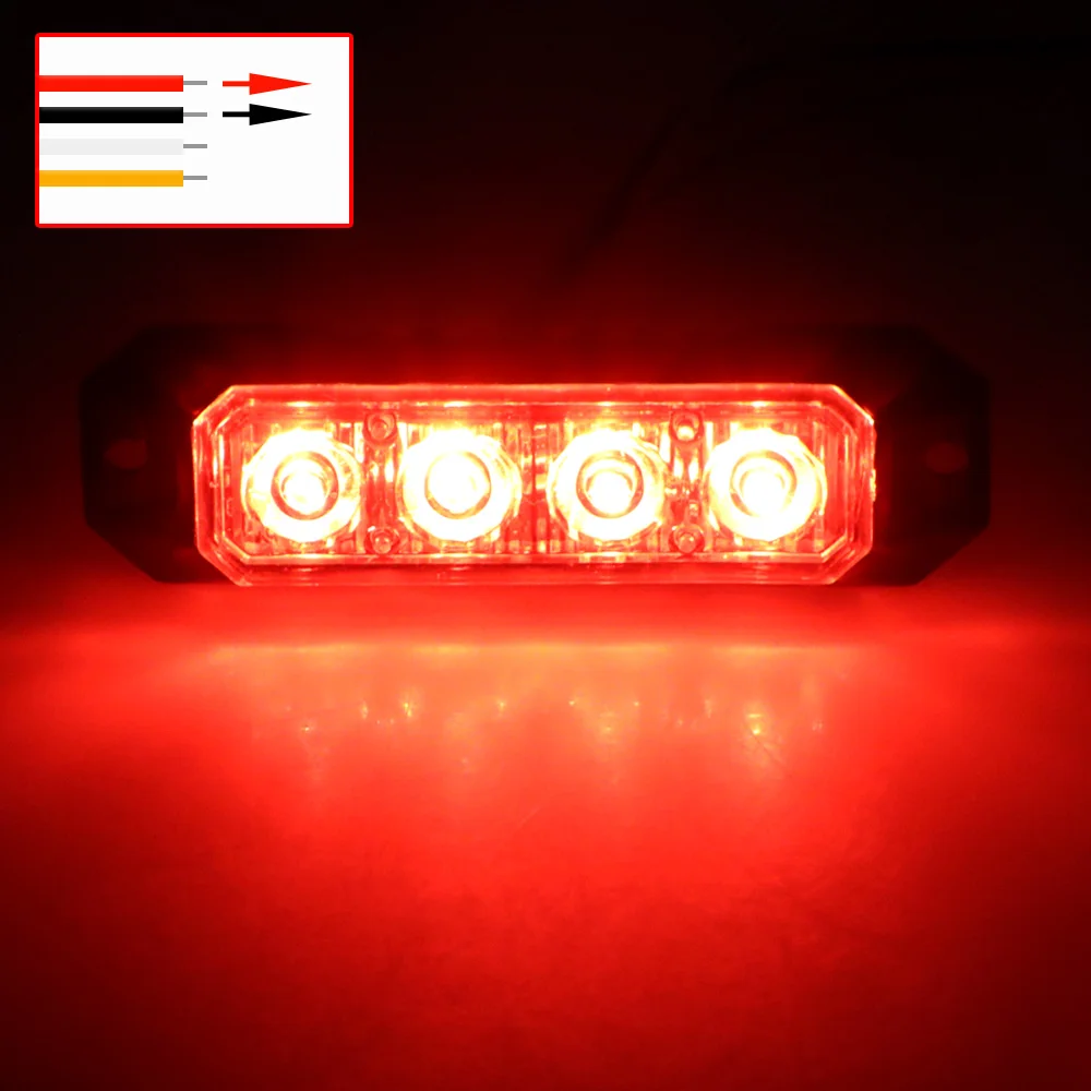 1PCS 4LED Cars Truck Grille Strobe Light Waterproof For Car Universal Flashing Light Bar  Emergency Warning Strobe Lamps 12-24V