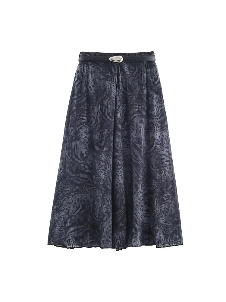 

2025 Women Autumn MIDI Skirts Vintage Print High Waist Belt Female Elegant Street Skirt Clothing