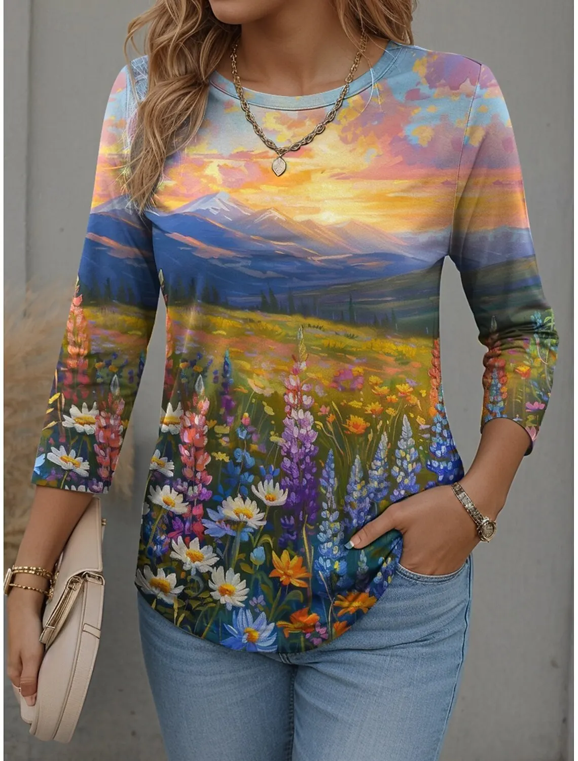 

Women's T Shirt Graphic Scenery Fashion Modern Casual Long Sleeve Crew Neck Round Neck Regular Tops Daily Weekend Flower Printed