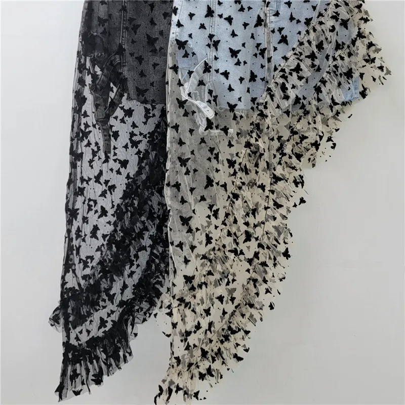 American Fashion Irregular Mesh Embroidery Butterfly Skirt Splicing Denim Elastic A Line Short Skirt Women Clothing 2025 New