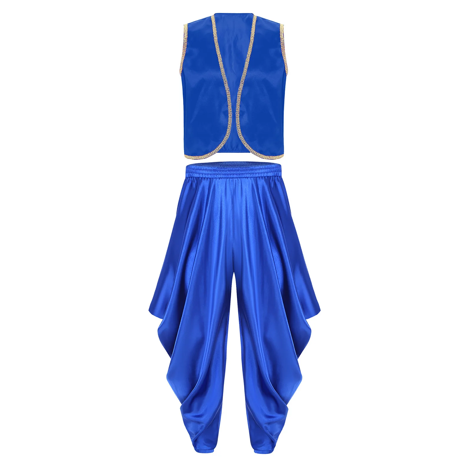 فستان الأمير العربي للرجال زي تنكري للكرنفال مزين بالذهب بدون أكمام سترة أمامية مفتوحة وسراويل حريمي بحزام خصر مطاطي