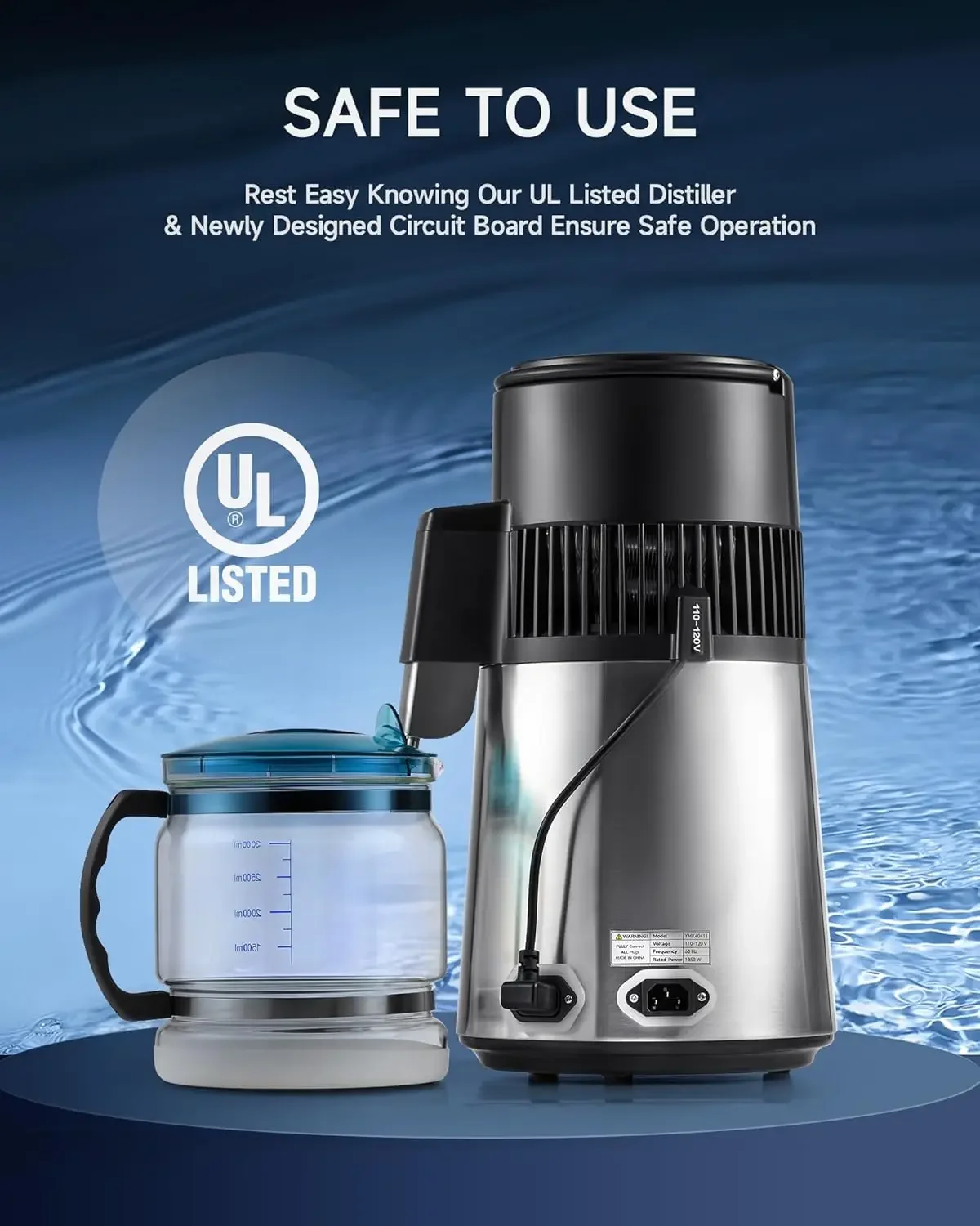 

Water Distiller for Home, 1350W 4L Distilled Water Machine for CPAP Machine with Control Panel & Glass Container, 1.1 Gal. Stain