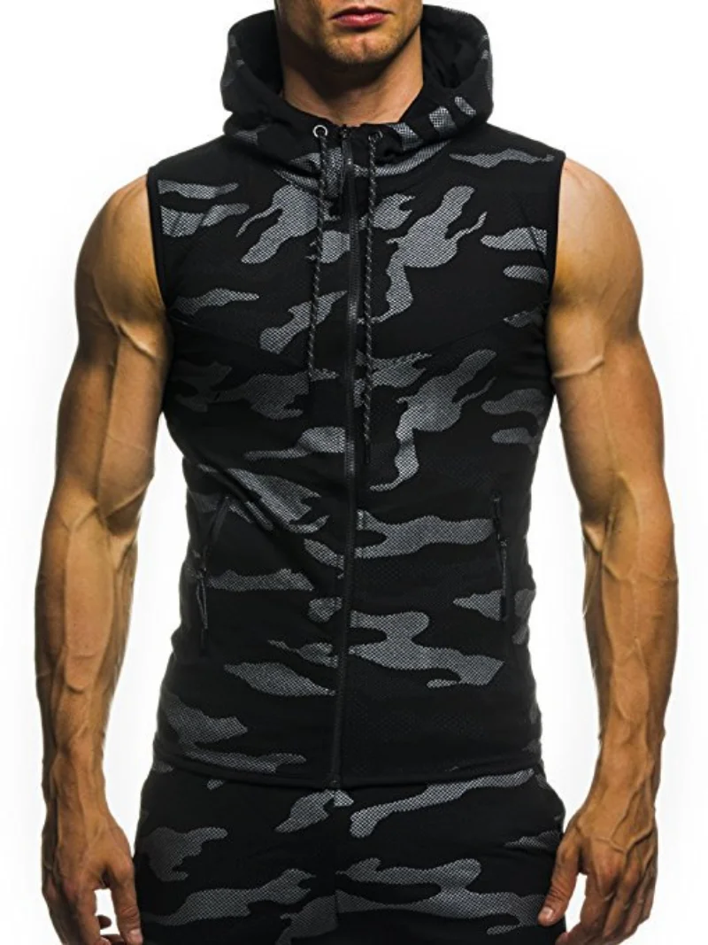 2023 New Men Bodybuilding Tank Tops Sleeveless Hoodies Man Casual Camouflage Hooded Vest Male Camo Clothing