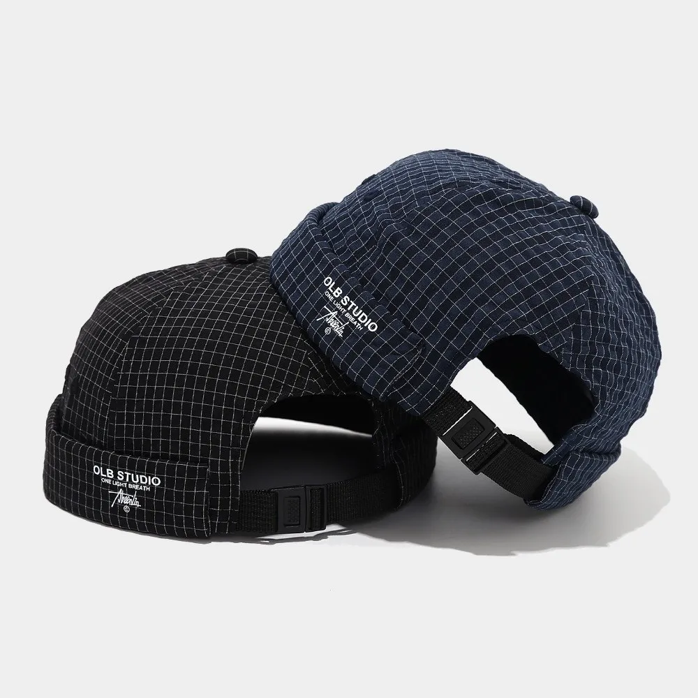 Fashion Plaid Melon Skin Hat Brimless Adjustable Embroidered Landlord Cap Quick-drying Breathable Beanie Cap Men