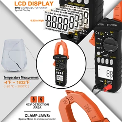 BT-7200B Digital Clamp Meter AC DC Current Volt Amp Ohm Multimeter Cap TRMS NCV Tester measure AC/DC voltage, AC/DC current