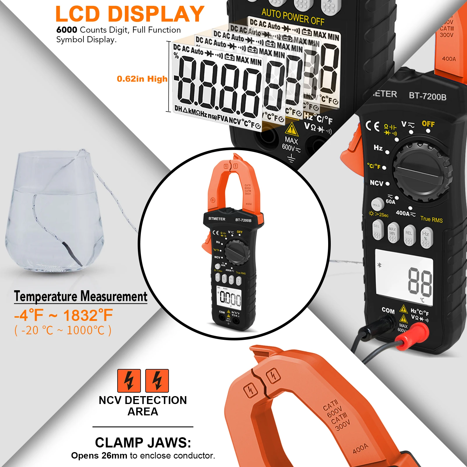 BT-7200B Digital Clamp Meter AC DC Current Volt Amp Ohm Multimeter Cap TRMS NCV Tester measure AC/DC voltage, AC/DC current