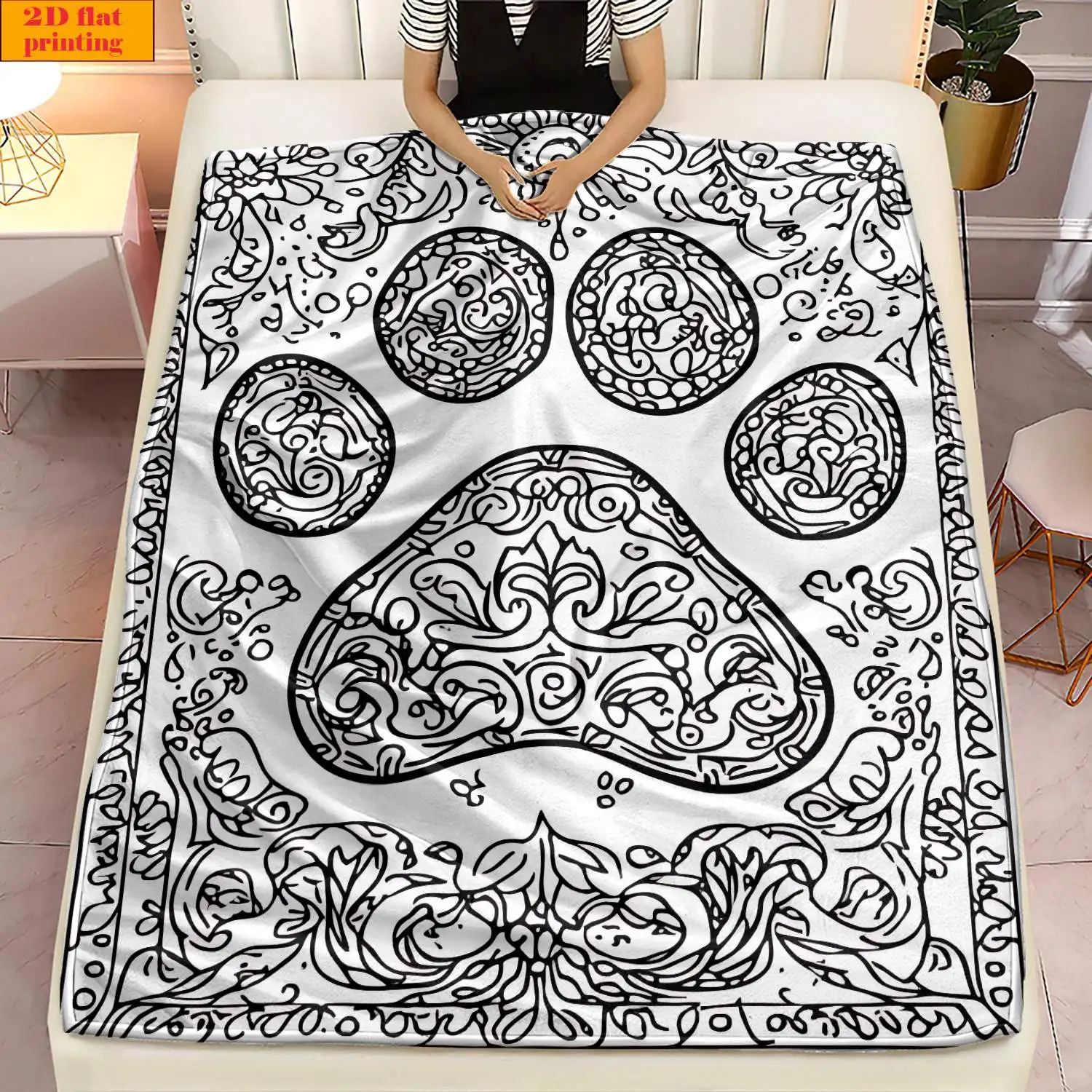 Black Line Mandala Paw Print Floral White Base Flannel Throw Blanket Soft Warm Cover For Sofa Bedroom Pet Lover Boho Decor Gift