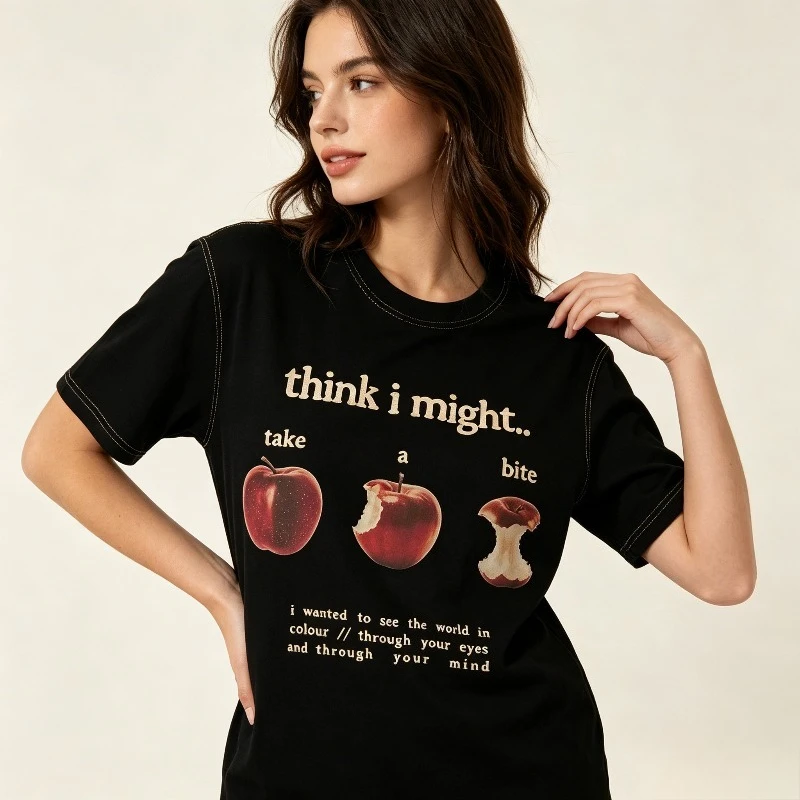 T-shirt Think I Might Take a Bite avec imprimé graphique Apple Evolution, t-shirt décontracté vintage pour femmes, mode noir et blanc