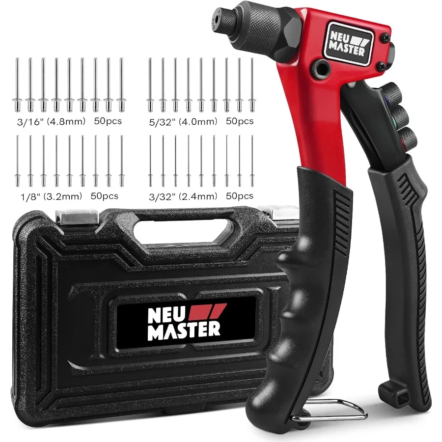 مجموعة مسدس برشام يدوية مع 200 قطعة من المسامير و4 رؤوس برشام قابلة للتبديل خالية من الأدوات لتطبيقات الجلد المعدني البلاستيكي الثقيل