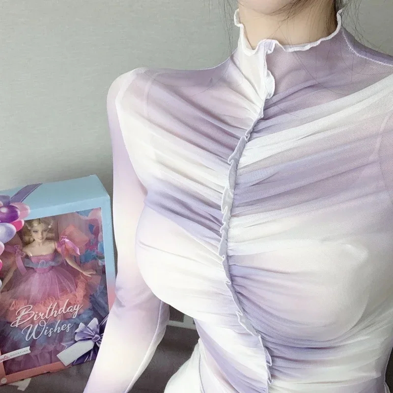 Chemisiers à manches longues pour femmes, haut corset transparent, streetwear élégant, mince, sexy, dames, mode coréenne, été, 2025