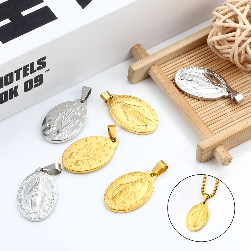 Zawieszki ze Stali Nierdzewnej Złote Medaliki Matki Boskiej Haftowane Pendants Materiały do Wyrobu Biżuterii Naszyjniki DIY Akcesoria Elementy