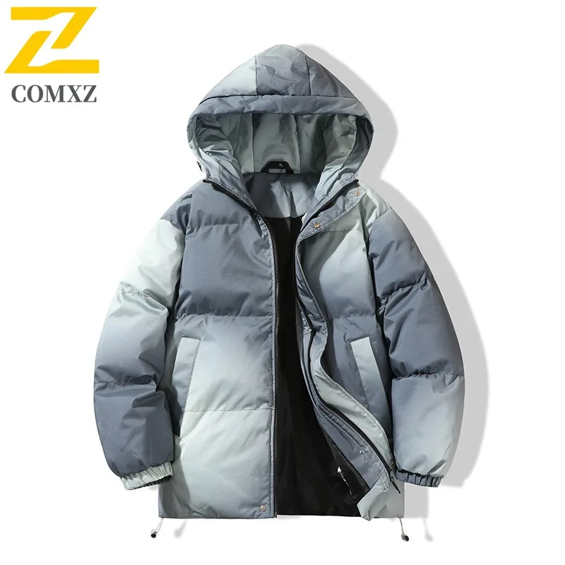 COMXZ 2025 Winter Men's Gradient Hooded Parka Coat Loose Fit Plus Size Thickened Streetwear Trendy Unisex Top Outwear