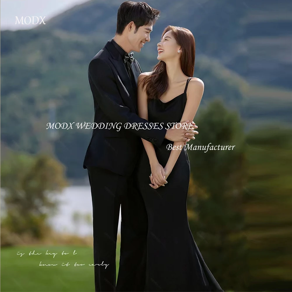 MODX فساتين زفاف كورية بسيطة بحورية البحر باللون الأسود لالتقاط الصور من الساتان وحزام سباغيتي على شكل حرف v بطول الأرض بدون ظهر على شكل جسر #1