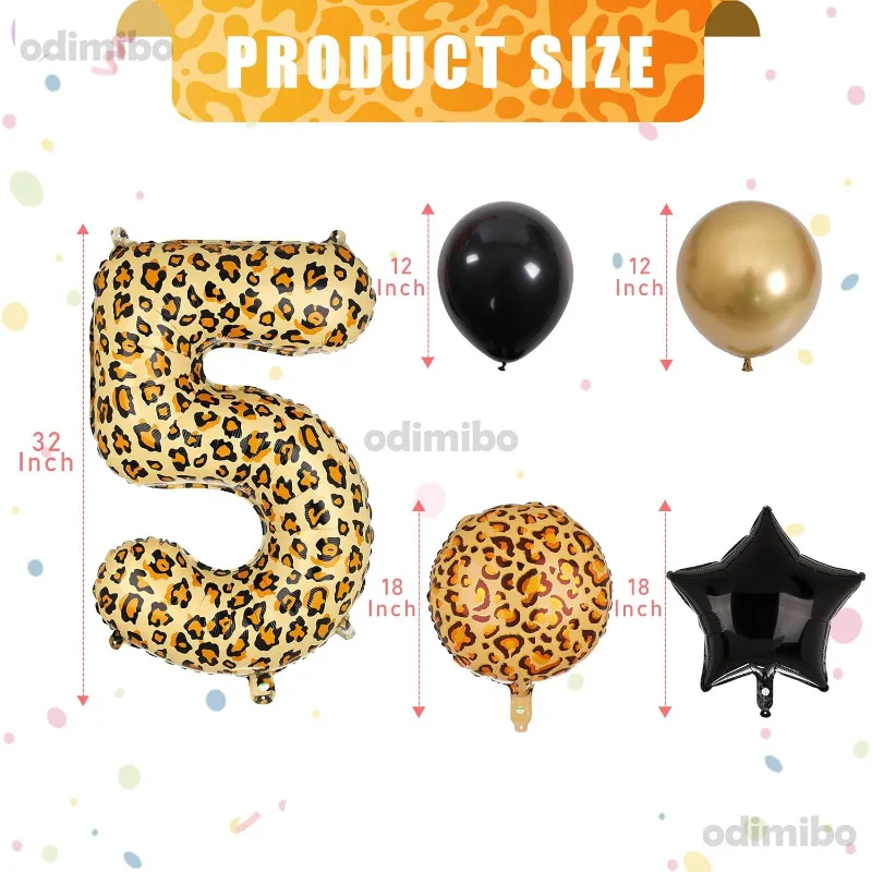 Leopard Print Number 5 Round Star Foil Balloons for Cheetah Animal Theme Birthday Wedding Anniversary Party Decorations Supplies