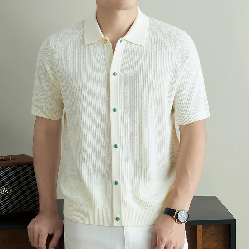 Afbeelding 4: Gebreid vest, T-shirt met korte mouwen, heren zomer nieuwe stijl, high-end casual, Old Money stijl, heren revers top