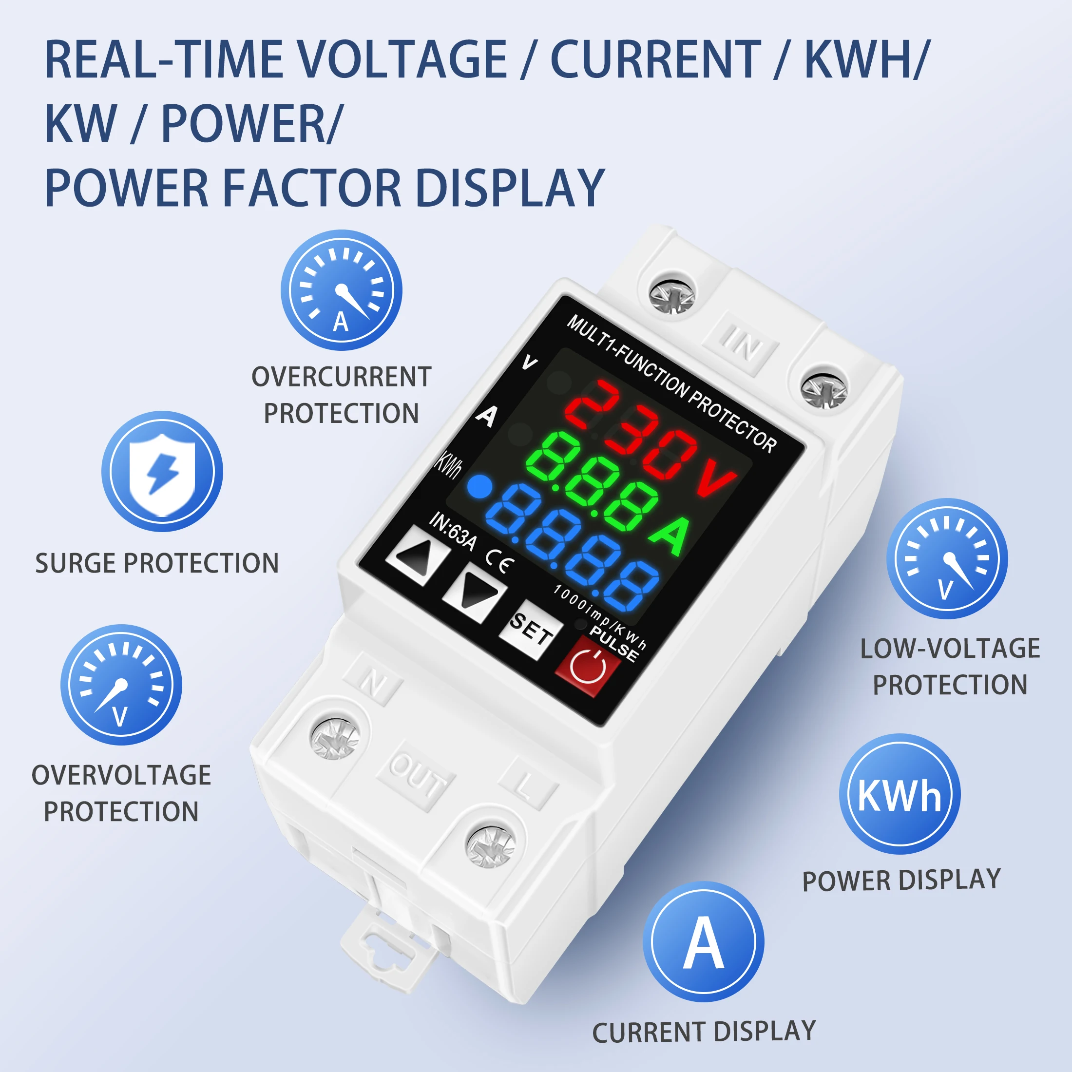 40A 63A 230V Din Ray Ayarlanabilir Aşırı Gerilim ve Düşük Gerilim Koruyucu Cihaz Koruyucu Röle Aşırı Akım Korumalı