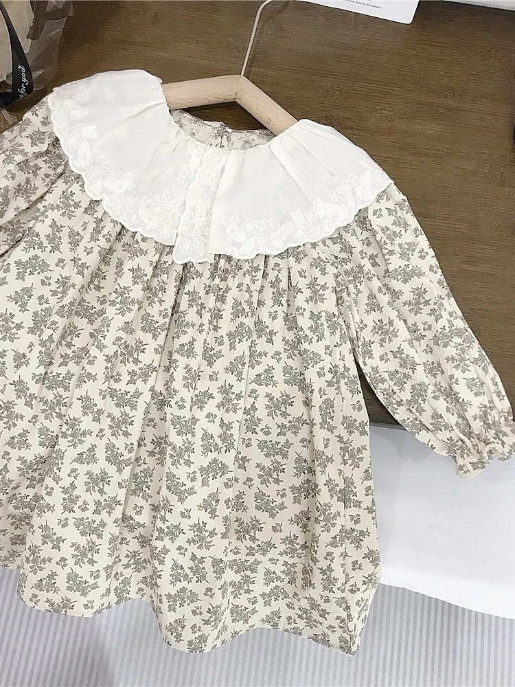 Spring New Style Floral Cotton Dress for Little Girls Baby Dolls with Lace Collar Cute Floral Print Long Skirt for Kids