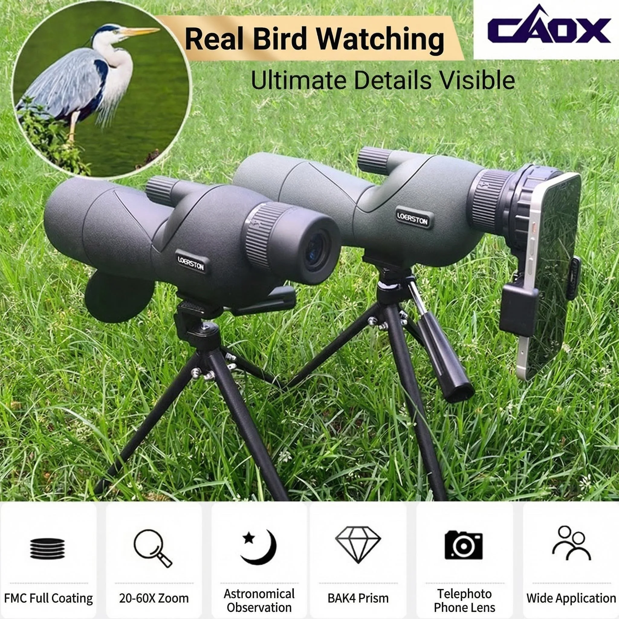 

CAOX 25-75x60 ED HD Birdwatching Monocular Telescope BAK4 Prism Waterproof Fogproof for Outdoor Camping Wildlife Viewing
