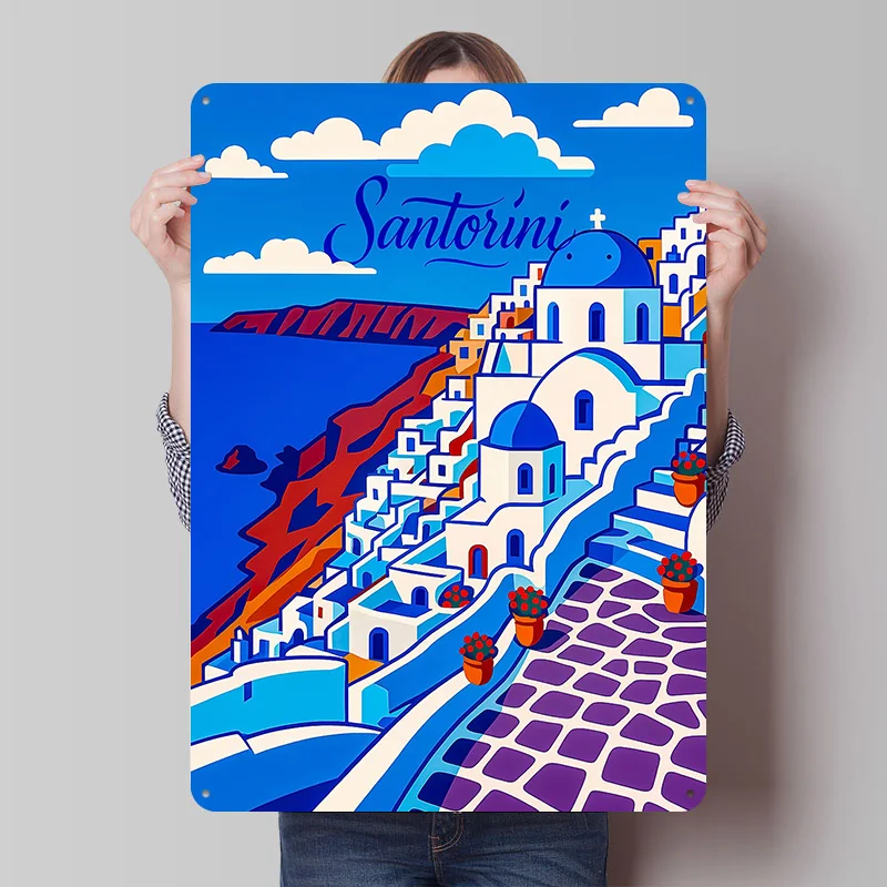 Santorini Greece Travel Art Poster Customized Vintage Metal Signs Wall Art Retro Tin Plaque for Bedroom Decoration Gaming Home