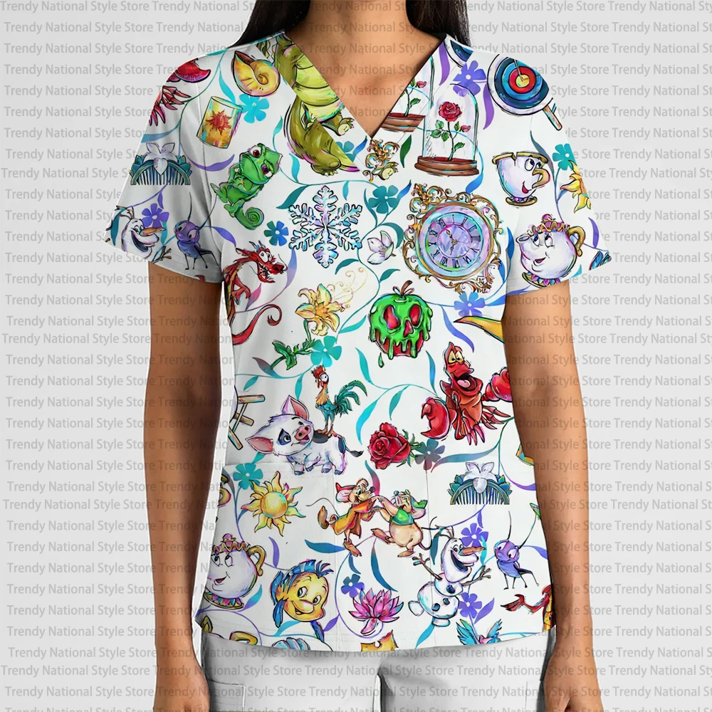 T-shirt de travail pour femmes, série Disney Princess, imprimé, col en V, poche, finition givrée, pour hôpital, clinique, dentiste