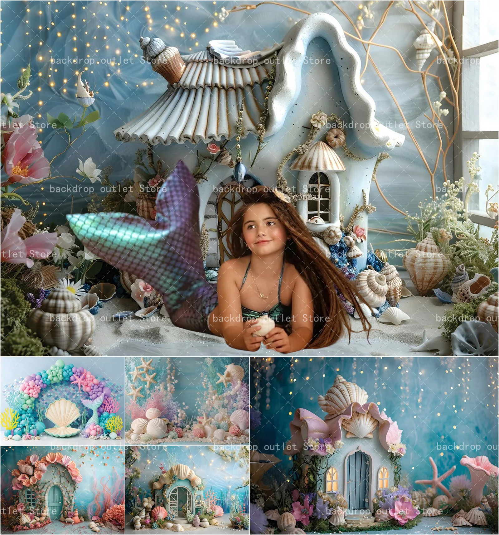 

Mehofond Undersea Mermaid Photo Background Shell Cottage Kids Baby Shower Birthday Cake Smash Photocall Decor Backdrop