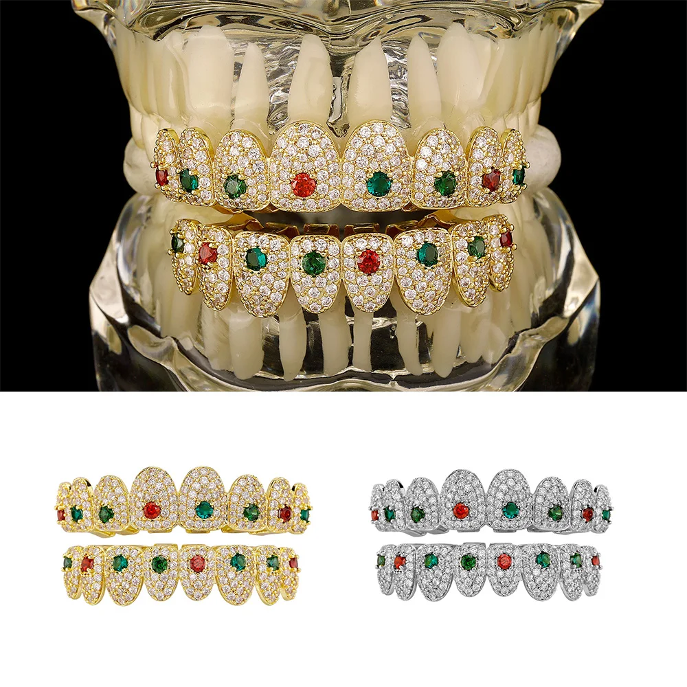 RACHELZ Hip Hop Full CZ Stone Teeth Grillz Gold Silver Color Red Green Zircon Crystal Tooth Caps For Women Men Halloween Gift