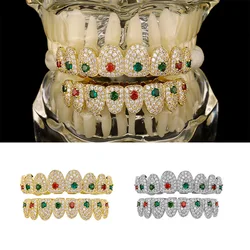 RACHELZ Hip Hop Full CZ Stone Teeth Grillz Gold Silver Color Red Green Zircon Crystal Tooth Caps For Women Men Halloween Gift