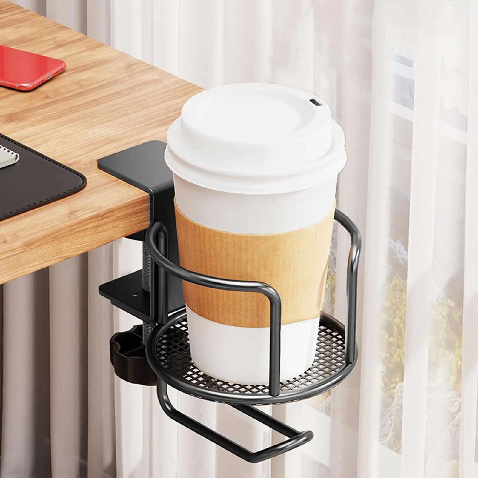 2 in 1 Desk Cup Holder with Headphone Hanger Holder Anti-Spill Clip-On Table Cup Hook for Office Home Table