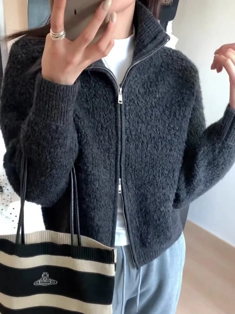 

Женский вязаный свитер ROUJE KEFSS с двойной молнией и отложным воротником, мягкий плюшевый, повседневный, универсальный, для осени и зимы