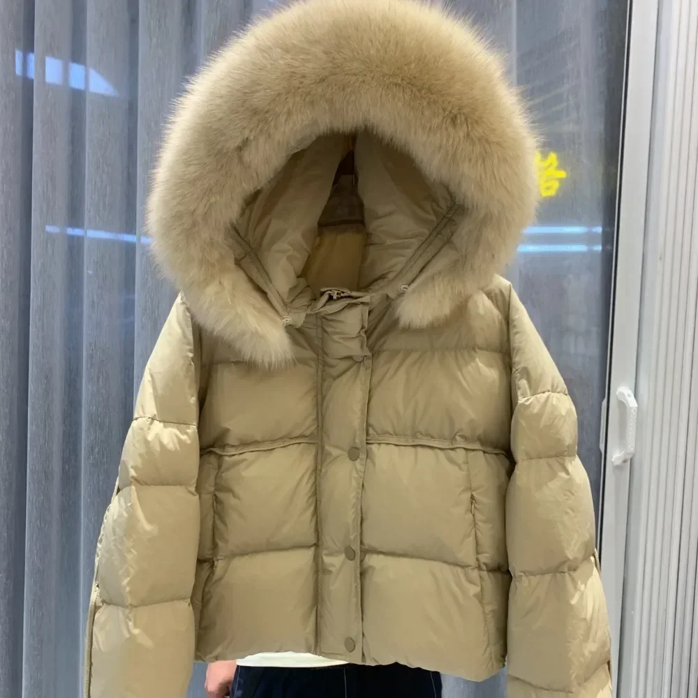 New Real Fox Fur Coat Hooded Short Warm Simple Female Puffer Jacket Women Fashion Winter White Duick Down Jacket Women